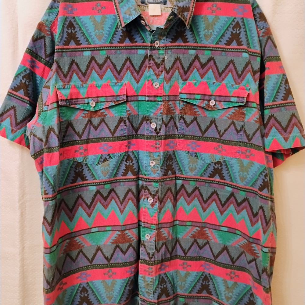 Vintage Wrangler Brushpopper Multicolor Aztec/ Navajo Pattern Men's Shirt XL